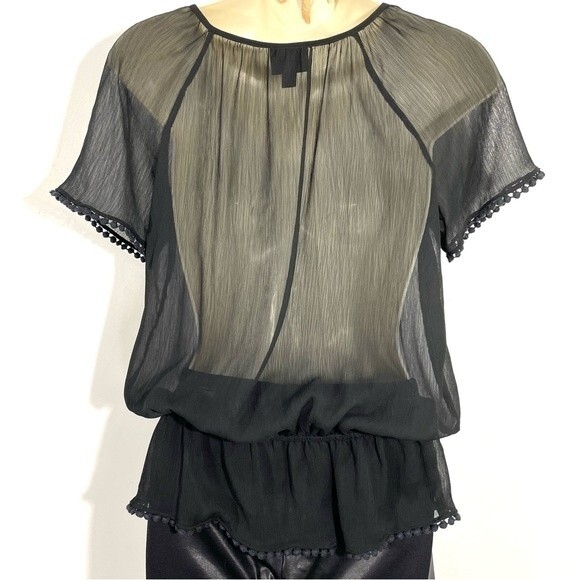 Mossimo sheer black split neck peplum top with pom-poms - Picture 5 of 8